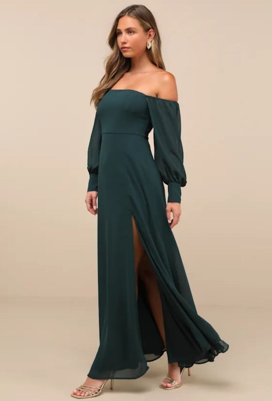Lulus Feel The Romance Emerald Green Off-The-Shoulder Maxi Dress Gown NWT M